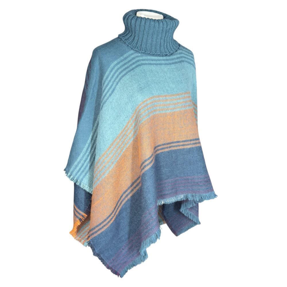 Tahari woven boho turtleneck poncho sweater blue orange fringe o/s